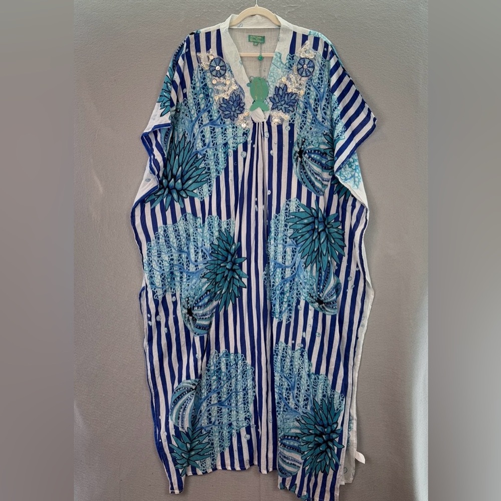 Antica Sartoria NWT women’s‎ maxi swim cover Kaftan dress 1/2 sleeve 100% cotton